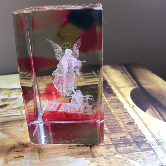 Other - 🦋 Glass Block Guardian Angel and Children On A Bridge inside Paperweight!